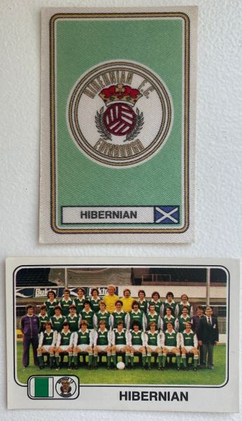 2X 1979 ORIGINAL UNUSED PANINI FOOTBALL 79 STICKERS HIBERNIAN BADGE AND TEAM GROUP