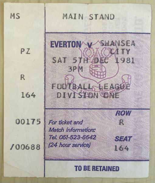 1981/82 ORIGINAL DIVISION ONE TICKET EVERTON V SWANSEA CITY