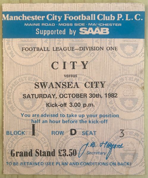 1982/83 ORIGINAL DIVISION ONE TICKET MANCHESTER CITY V SWANSEA CITY