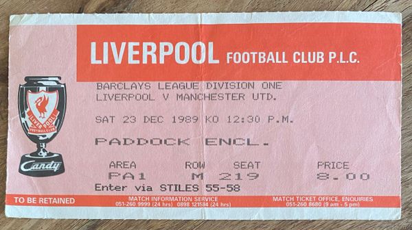 1989/90 ORIGINAL DIVISION ONE TICKET LIVERPOOL V MANCHESTER UNITED