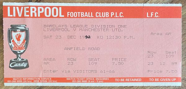 1989/90 ORIGINAL DIVISION ONE UNUSED TICKET LIVERPOOL V MANCHESTER UNITED (VISITORS END)