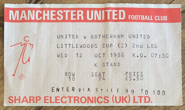 1988/89 ORIGINAL LITTLEWOODS CUP 2ND ROUND 2ND LEG TICKET MANCHESTER UNITED V ROTHERHAM UNITED