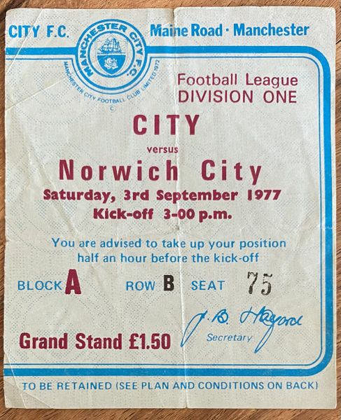 1977/78 ORIGINAL DIVISION ONE TICKET MANCHESTER CITY V NORWICH CITY