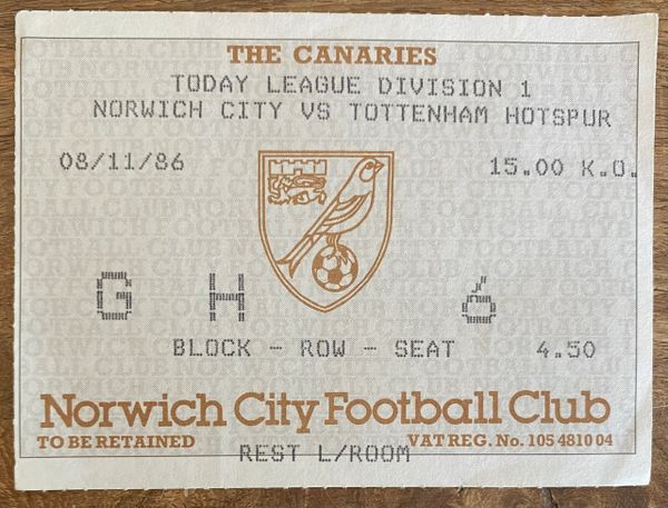 1986/87 ORIGINAL DIVISION ONE TICKET NORWICH CITY V TOTTENHAM HOTSPUR