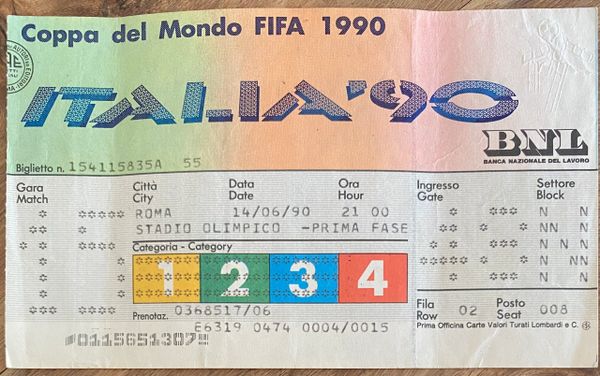 1990 ORIGINAL WORLD CUP TICKET 1ST ROUND ITALY V UNITED STATES @ STADIO OLIMPICO, ROME