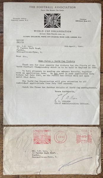 1966 ORIGINAL WORLD CUP ADVANCED TICKET SALES LETTER AND ENVELOPE WHITE CITY