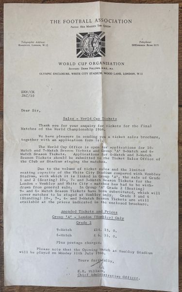 1966 ORIGINAL WORLD CUP ORGANISATION (WHITE CITY) LETTER RESPONDING TO TICKET ENQUIRY