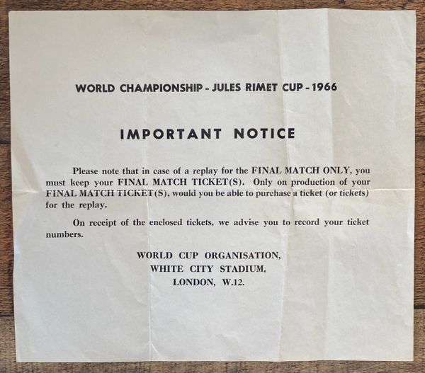 1966 ORIGINAL WORLD CUP ORGANISATION (WHITE CITY) POTENTIAL FINAL REPLAY TICKET INSTRUCTIONS