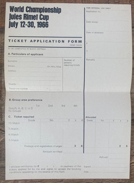 1966 ORIGINAL WORLD CUP A4 TOURNAMENT TICKET APPLICATION FORM