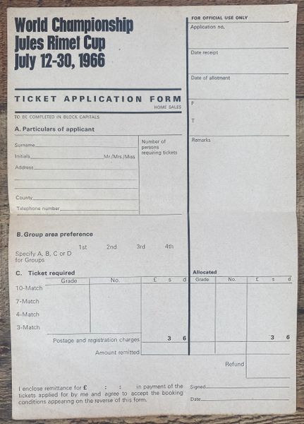 1966 ORIGINAL WORLD CUP A4 TOURNAMENT TICKET APPLICATION FORM