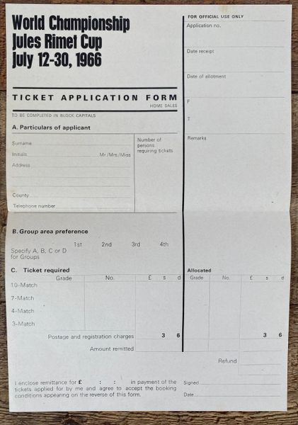 1966 ORIGINAL WORLD CUP A4 TOURNAMENT TICKET APPLICATION FORM