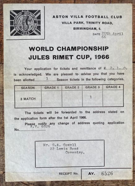 1966 ORIGINAL WORLD CUP CONFIRMATION OF TICKETS PURCHASE LETTER (VILLA PARK)
