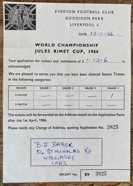 1966 ORIGINAL WORLD CUP CONFIRMATION OF TICKETS PURCHASE LETTER (GOODISON PARK)