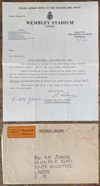1966 ORIGINAL WORLD CUP CONFIRMATION OF TICKETS PURCHASE LETTER AND ENVELOPE (WEMBLEY STADIUM)