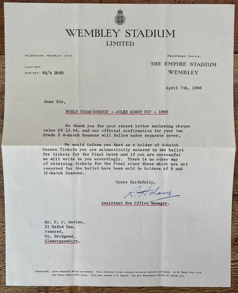 1966 ORIGINAL WORLD CUP CONFIRMATION OF TICKETS PURCHASE LETTER HAND SIGNED (WEMBLEY STADIUM)