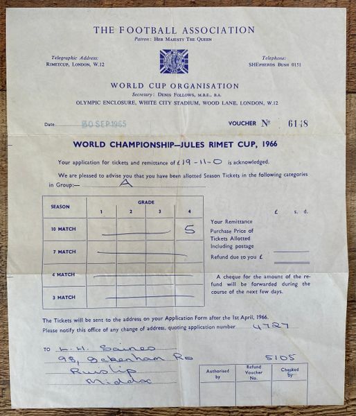 1966 ORIGINAL WORLD CUP CONFIRMATION OF TICKETS PURCHASE LETTER (WHITE CITY)