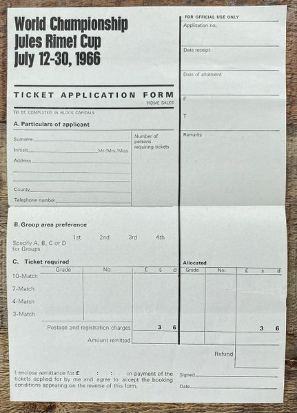 1966 ORIGINAL WORLD CUP A4 TOURNAMENT TICKET APPLICATION FORM