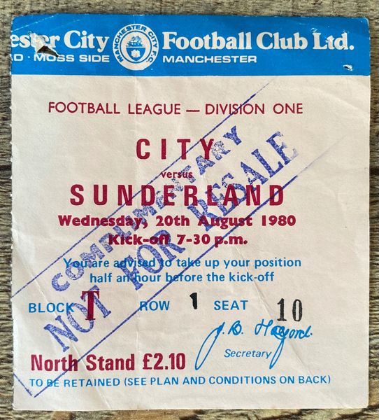 1980/81 ORIGINAL DIVISION ONE TICKET MANCHESTER CITY V SUNDERLAND