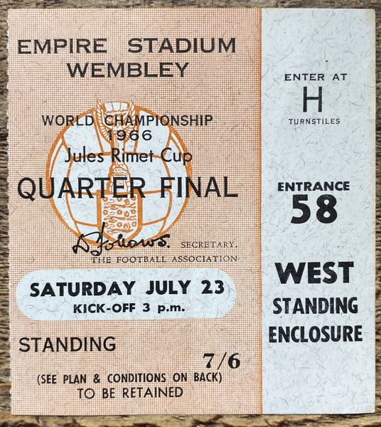 1966 ORIGINAL WORLD CUP QUARTER FINAL TICKET ENGLAND V ARGENTINA @ WEMBLEY H 58 335