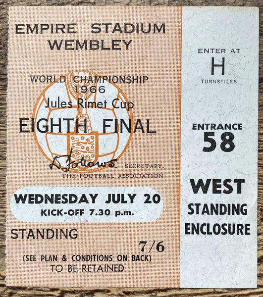 1966 ORIGINAL WORLD CUP 1st ROUND TICKET ENGLAND V FRANCE @ WEMBLEY H 58 335