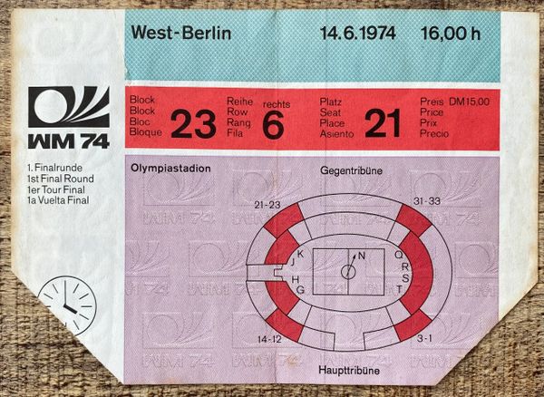 1974 ORIGINAL WORLD CUP 1st ROUND TICKET WEST GERMANY V CHILE @ OLYMPIASTADION, WEST BERLIN