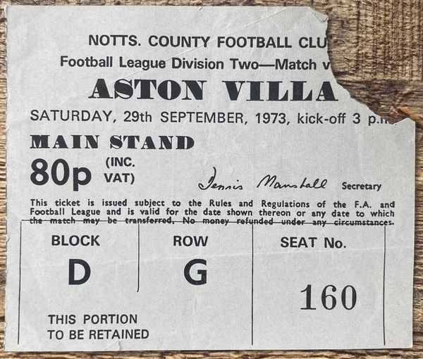 1973/74 ORIGINAL DIVISION TWO TICKET NOTTS COUNTY V ASTON VILLA