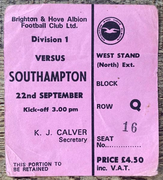 1979/80 ORIGINAL DIVISION ONE TICKET BRIGHTON AND HOVE ALBION V SOUTHAMPTON