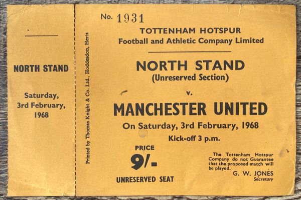 1967/68 ORIGINAL UNUSED DIVISION ONE TICKET TOTTENHAM HOTSPUR V MANCHESTER UNITED