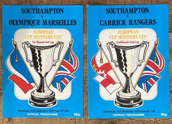 2 X 1976/77 ORIGINAL EUROPEAN CUP WINNERS CUP PROGRAMMES SOUTHAMPTON V CARRICK RANGERS & OLYMPIQUE MARSEILLE