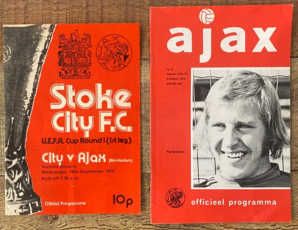 2 X 1974/75 ORIGINAL UEFA CUP PROGRAMMES STOKE CITY V AJAX AMSTERDAM HOME AND AWAY