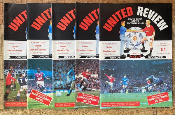 5X 1992/93 ORIGINAL MANCHESTER UNITED HOME PROGRAMMES UNITED REVIEW