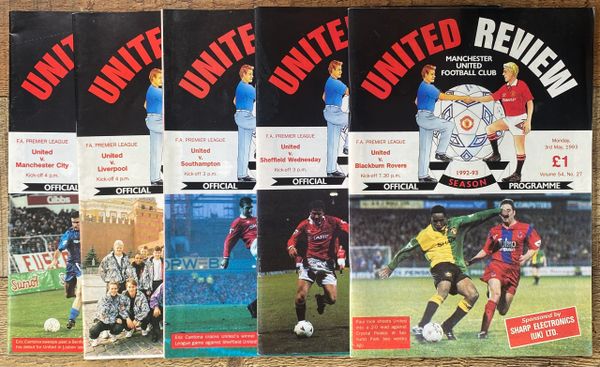 5X 1992/93 ORIGINAL MANCHESTER UNITED HOME PROGRAMMES UNITED REVIEW