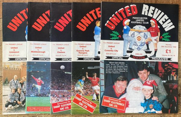 5X 1992/93 ORIGINAL MANCHESTER UNITED HOME PROGRAMMES UNITED REVIEW