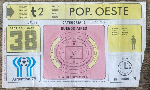 1978 ORIGINAL WORLD CUP FINAL TICKET NETHERLANDS V ARGENTINA @ RIVER PLATE , BUENOS AIRES