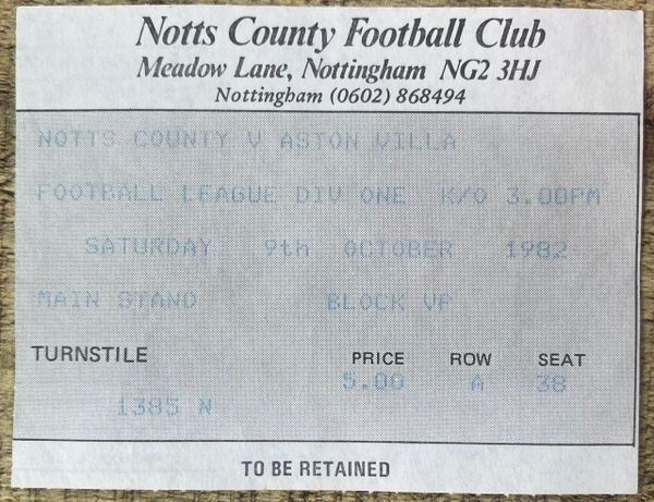 1982/83 ORIGINAL DIVISION ONE TICKET NOTTS COUNTY V ASTON VILLA