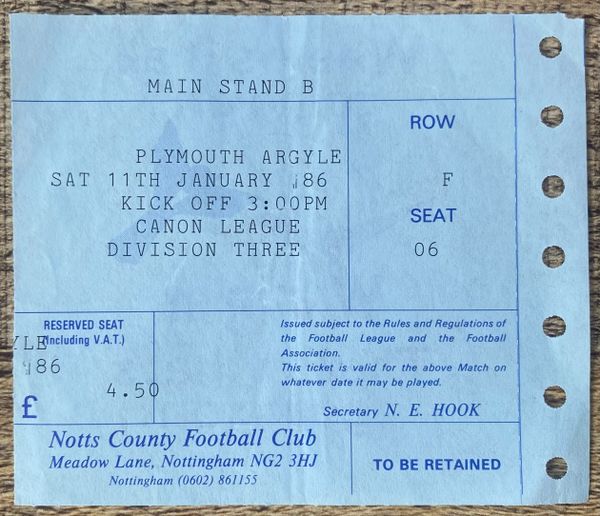 1985/86 ORIGINAL DIVISION THREE TICKET NOTTS COUNTY V PLYMOUTH ARGYLE