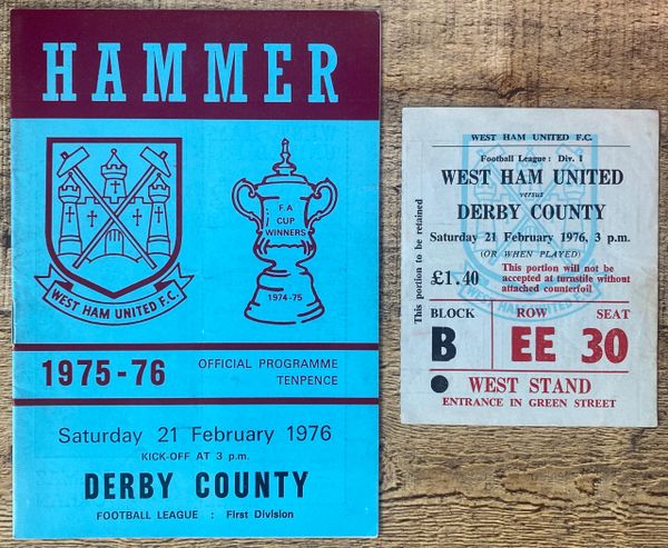 1975/76 ORIGINAL DIVISION ONE TICKET AND PROGRAMME WEST HAM UNITED V DERBY COUNTY
