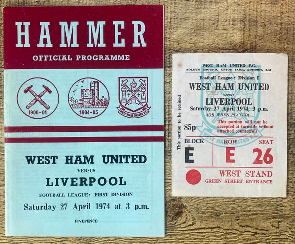1973/74 ORIGINAL DIVISION ONE PROGRAMME AND TICKET WEST HAM UNITED V LIVERPOOL