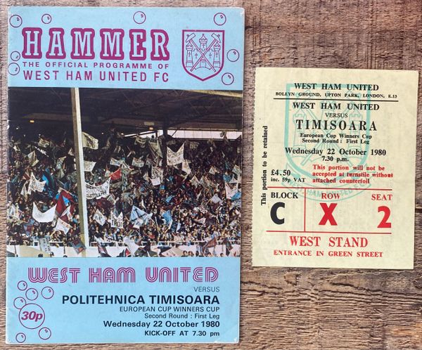 1980/81 ORIGINAL EUROPEAN CUP WINNERS CUP 2ND ROUND 1ST LEG PROGRAMME AND TICKET WEST HAM UNITED V POLITEHNICA TIMISOARA