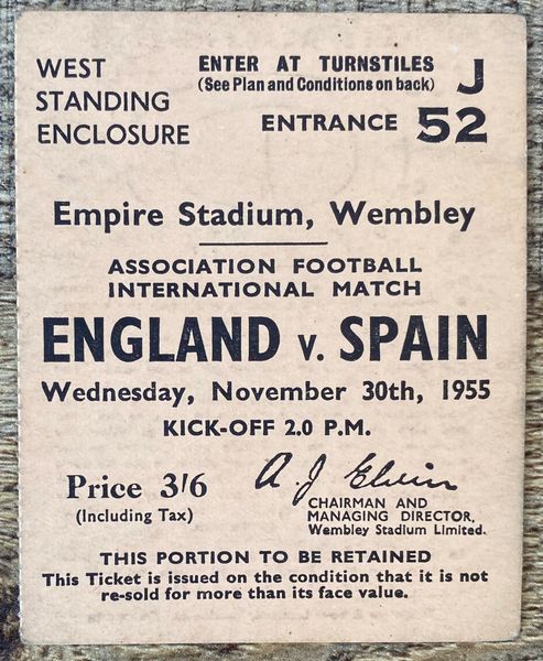 1955 ORIGINAL INTERNATIONAL MATCH TICKET ENGLAND V SPAIN @WEMBLEY