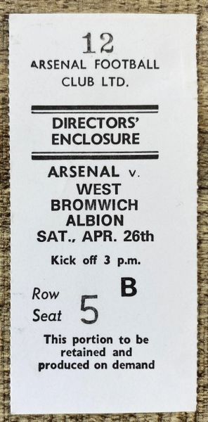 1979/80 ORIGINAL DIVISION ONE DIRECTORS TICKET ARSENAL V WEST BROMWICH ALBION