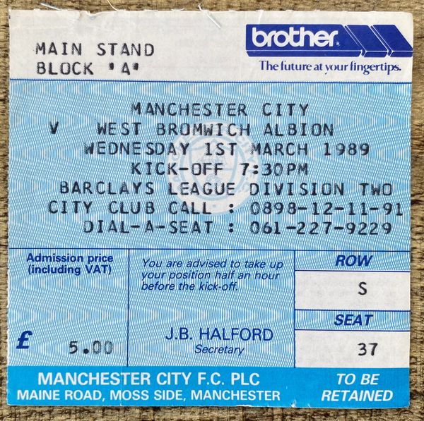 1988/89 ORIGINAL DIVISION TWO TICKET MANCHESTER CITY V WEST BROMWICH ALBION