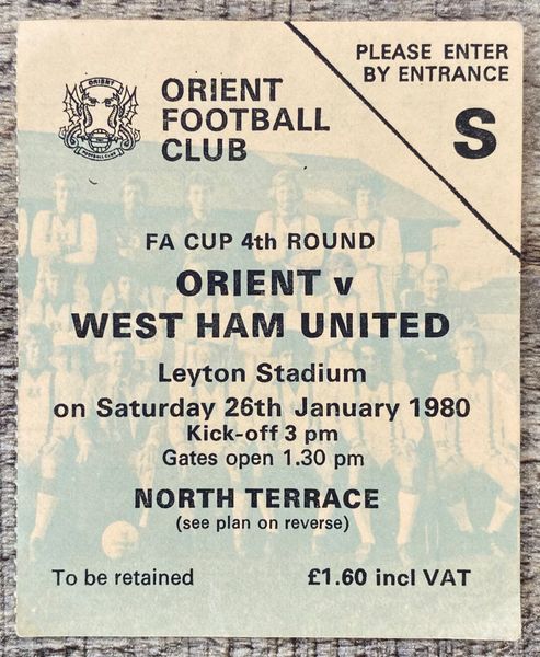 1980 ORIGINAL FA CUP ROUND 4 TICKET ORIENT V WEST HAM UNITED (WEST HAM ALLOCATION)