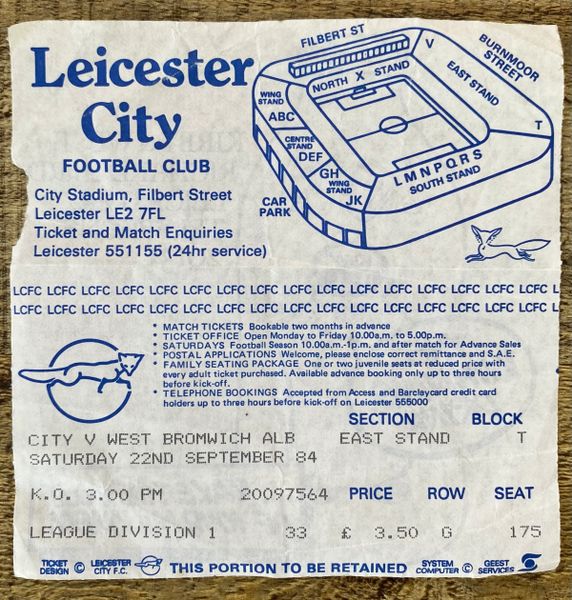 1984/85 ORIGINAL DIVISION ONE TICKET LEICESTER CITY V WEST BROMWICH ALBION