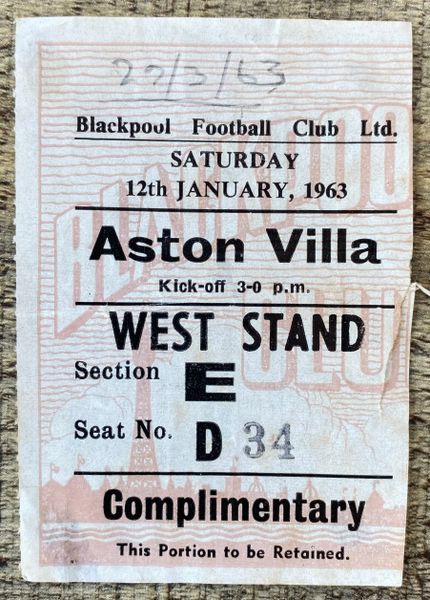 1962/63 ORIGINAL DIVISION ONE TICKET BLACKPOOL v ASTON VILLA