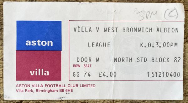 1983/84 ORIGINAL DIVISION ONE TICKET ASTON VILLA V WEST BROMWICH ALBION