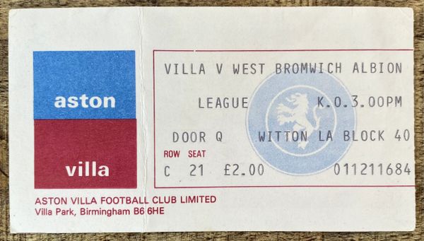 1977/78 ORIGINAL DIVISION ONE TICKET ASTON VILLA V WEST BROMWICH ALBION
