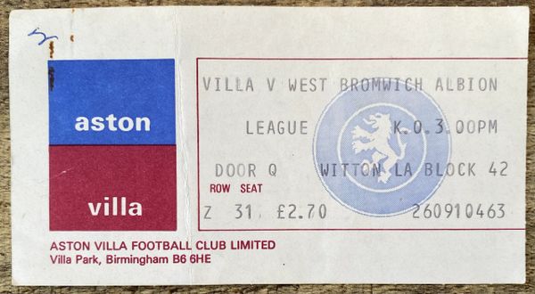 1981/82 ORIGINAL DIVISION ONE TICKET ASTON VILLA V WEST BROMWICH ALBION