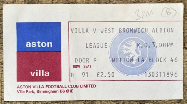 1980/81 ORIGINAL DIVISION ONE TICKET ASTON VILLA V WEST BROMWICH ALBION