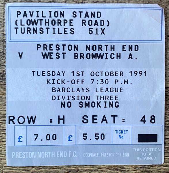 1991/92 ORIGINAL DIVISION THREE TICKET PRESTON NORTH END V WEST BROMWICH ALBION (VISITORS END)